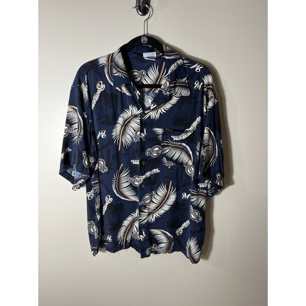 Milwaukee Brewers Men’s Hawaiian Short Sleeve Button Up Baseball Shirt Large